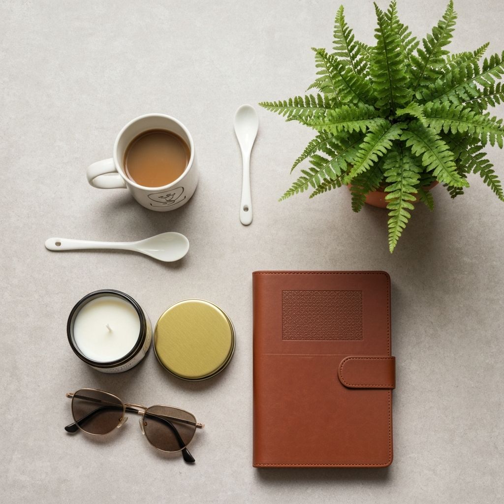 Curated everyday products laid out on a warm surface